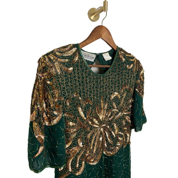 VINTAGE 80s 90s Beaded Dress‎ Sz M Gold Green Sequins Maxi - Picture 1 of 10
